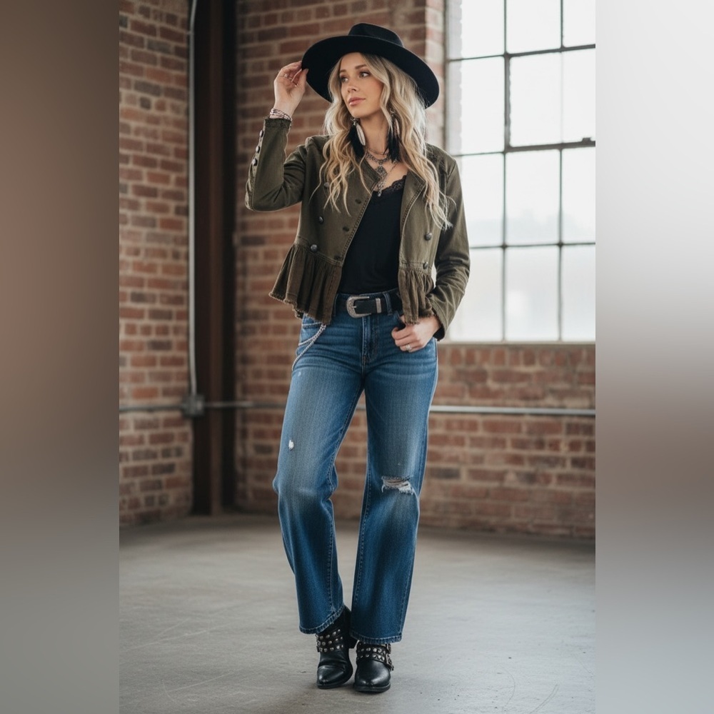 New Free People Flared Ruffle Hem Military Button Jacket Olive Army Green - Picture 2 of 13